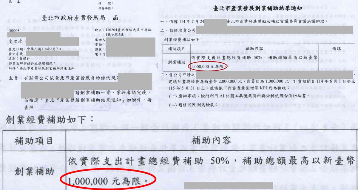 台北市產業發展創業補助核准公文，核定 100 萬元（已去識別化）